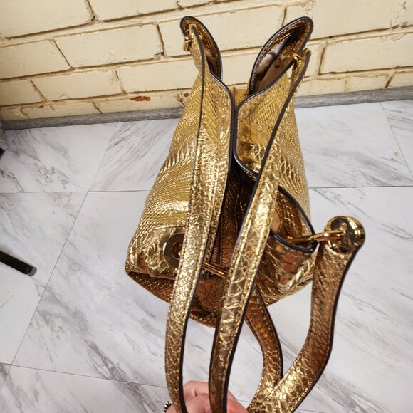Michael Kors Raven Snakeskin Gold Leather Tote Bag Purse - Picture 6 of 14